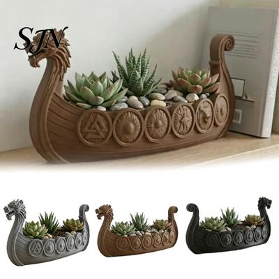 Minimalist Bookshelf Decoration Viking Longship Planter Pot, Dragon Boat Indoor Plant Holder for Cacti Functional Resin Container Air Plants,