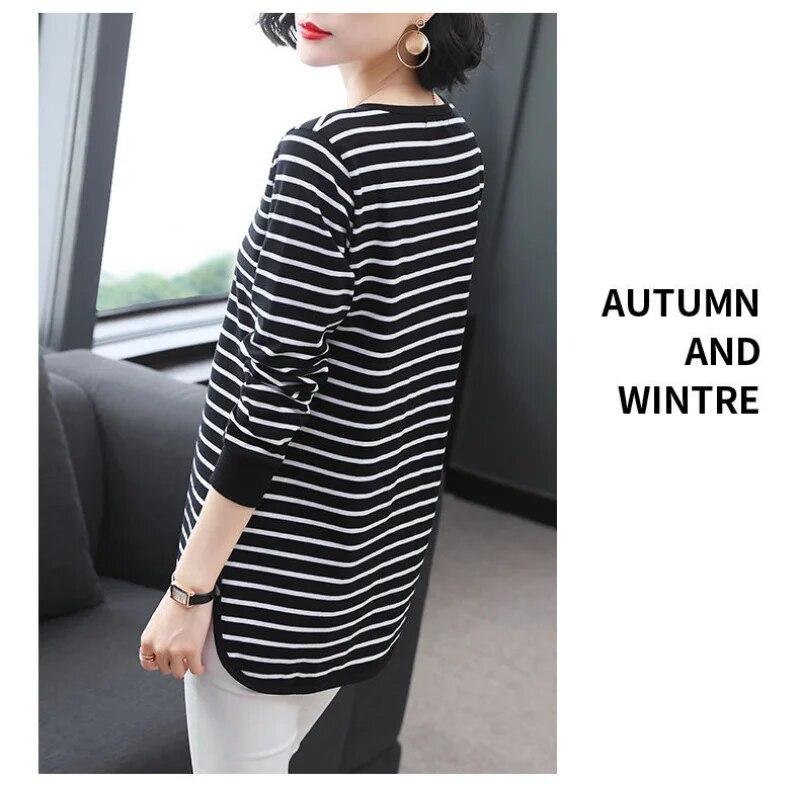 Autumn Winter New Striped T-shirt Women's Korean Loose Mid Length Long Sleeve Top Fashion Round Collar Bottoming Shirt M-5XL