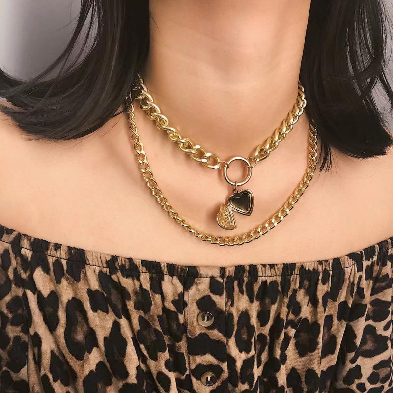 Cross-Border Double Layer Thick Chain Heart Pendant Necklace - European American Creative Openable Heart Clavicle Chain
