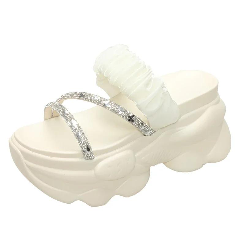 Fashion 9CM Women's Summer Chunky Slippers Fashion Thick-Bottom Sandals Bling Wedge Heels Flip Flops High Platform Beach Slides Zapatos