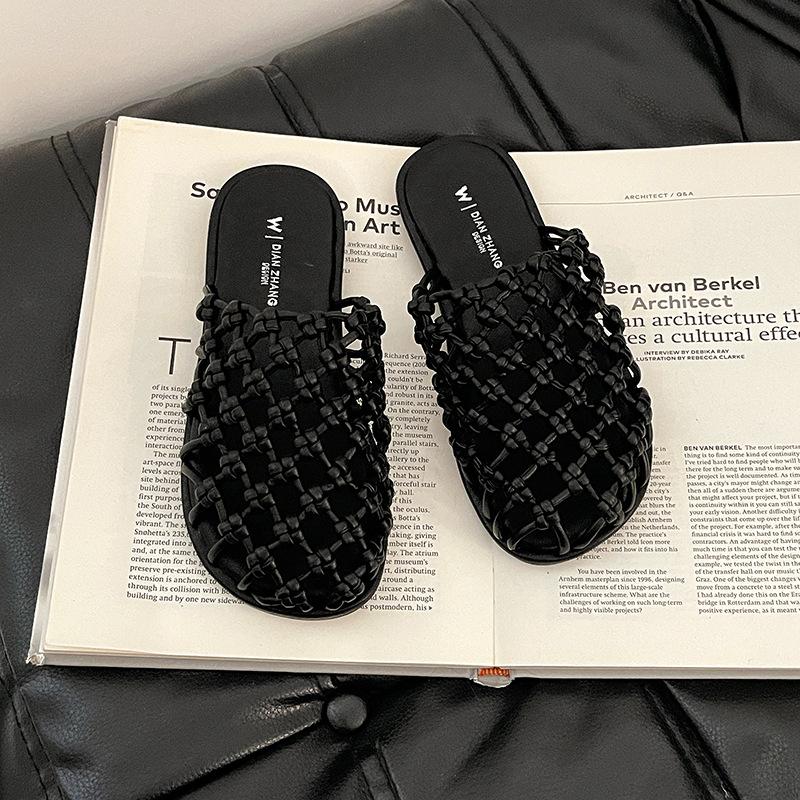 French Retro Simple Flat-bottomed Sandals Woven Hollow Bag Head Half Slippers Women's Summer Versatile Outer Wear Beach Slippers