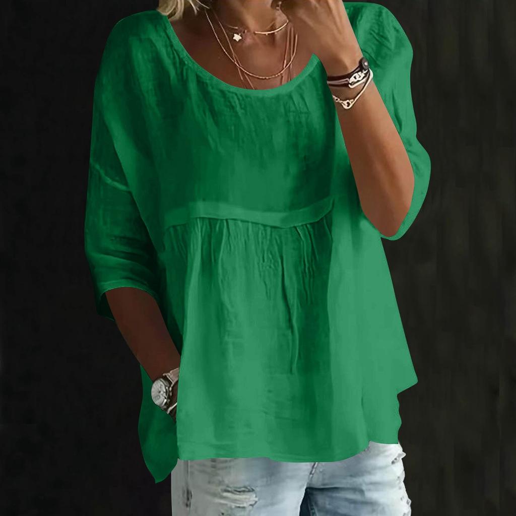 Womens Fashionable Solid Color Round Neck Three-quarter Sleeve Loose Round Neck Top