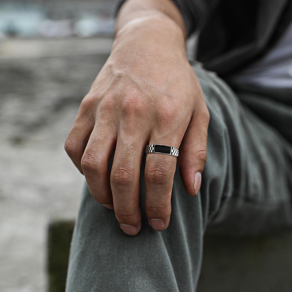Vnox Herren Offene Ringe, Schwarzer Emaille Siegelring, Uhrenarmband Gerillter Fingerring, Verstellbarer Schmuck