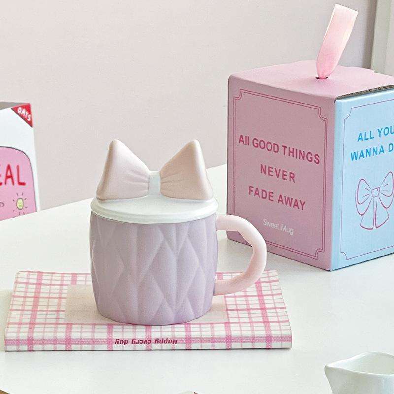 

Cute Bow Ceramic Mug Couple Water Cup Souvenir Birthday Gift for Best Friend Creative Design 370ml