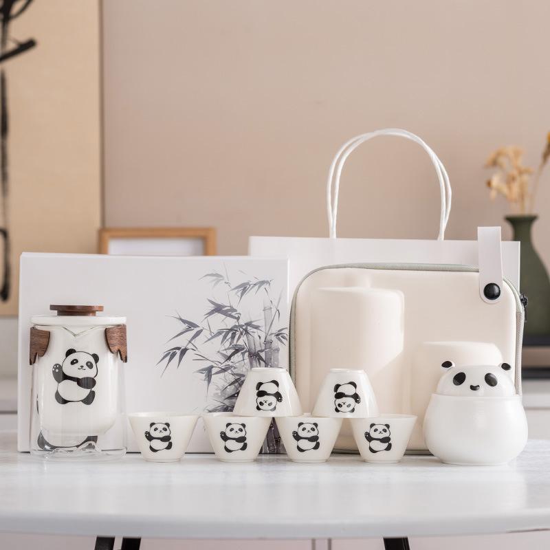 Panda Speckstein Jade Porzellan Reise-Teeset Outdoor Tragbar Sichuan Sehenswürdigkeit Geschäfts-Erinnerungsgeschenk