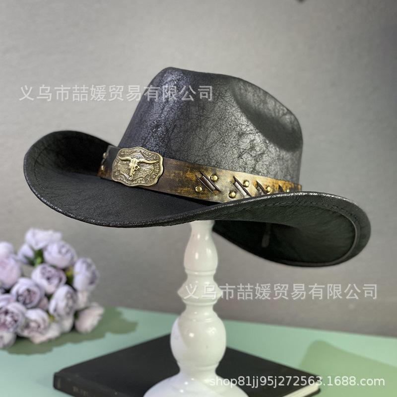 Dyed Bull Head Belt Western Cowboy Hat, European and American New Cracked Jazz Top Hat