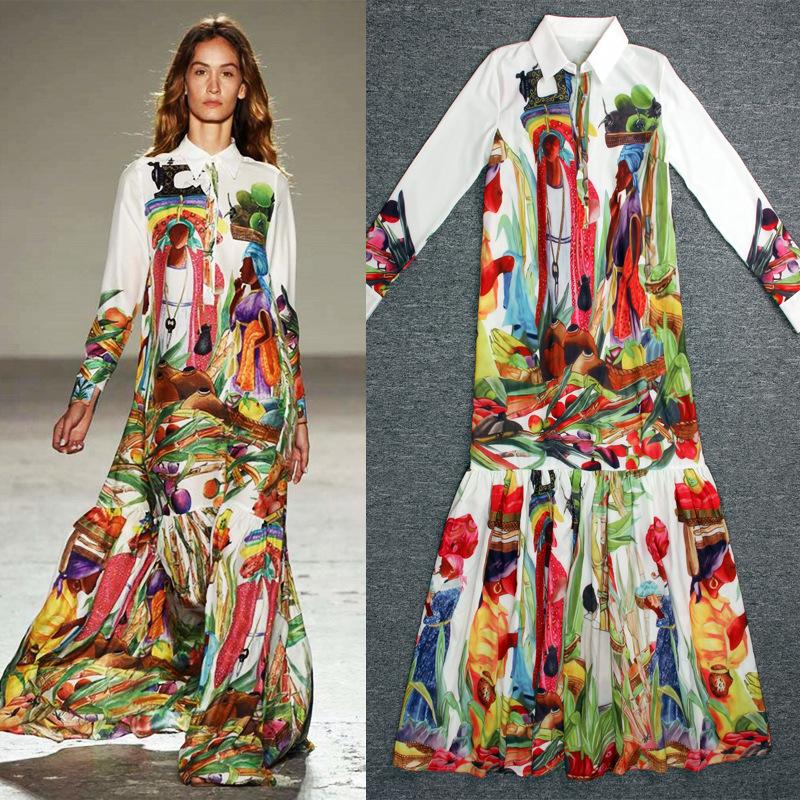 Plus Size Bohemian Long Dress Spring Summer Autumn Women Turn-down Collar Prints Long Sleeve Casual Dress