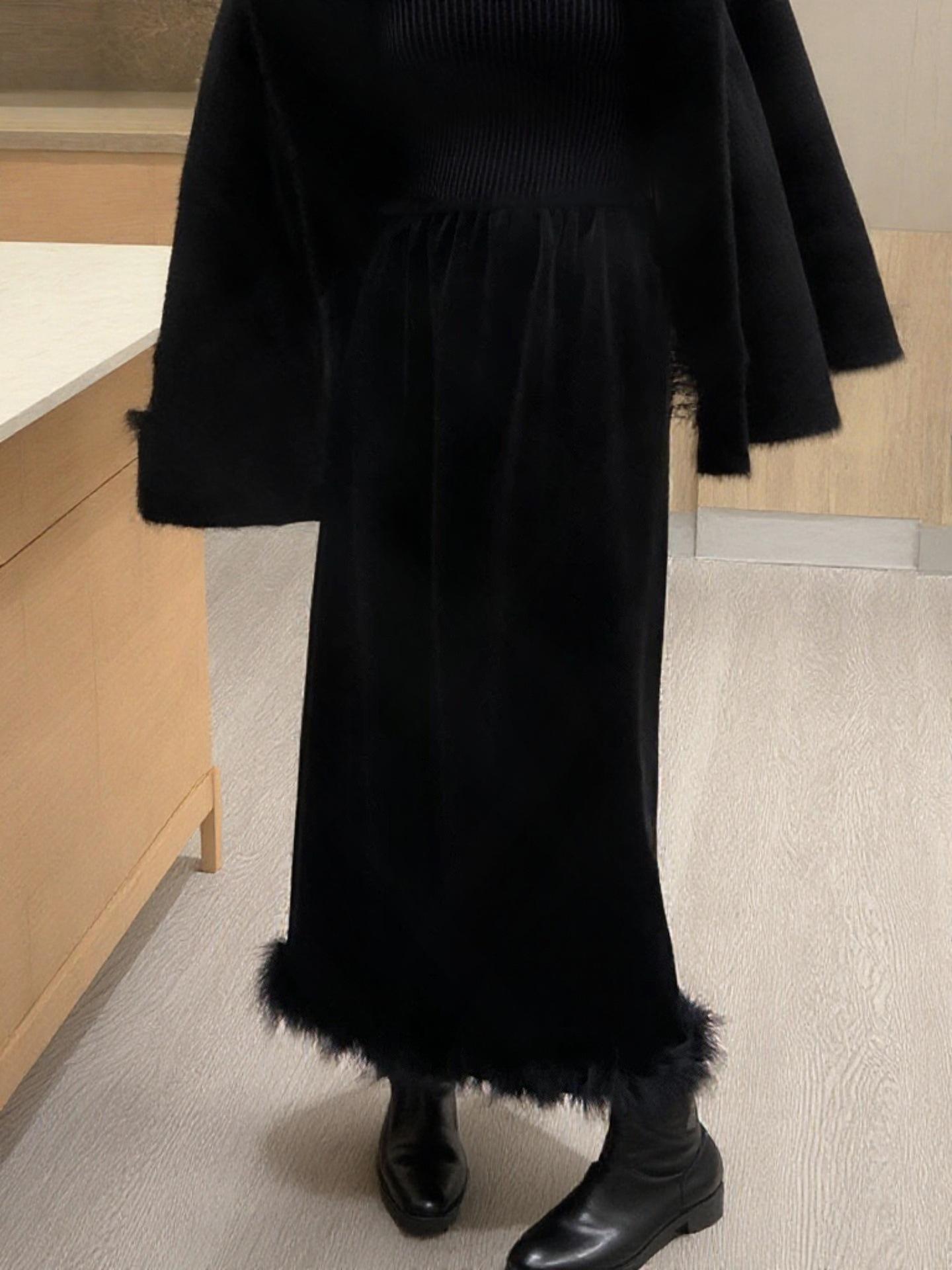 High-End Black Velvet Ostrich Feather Mid-Length Skirt: Chic Slimming High-Waisted Autumn/Winter Style for Women чёрный