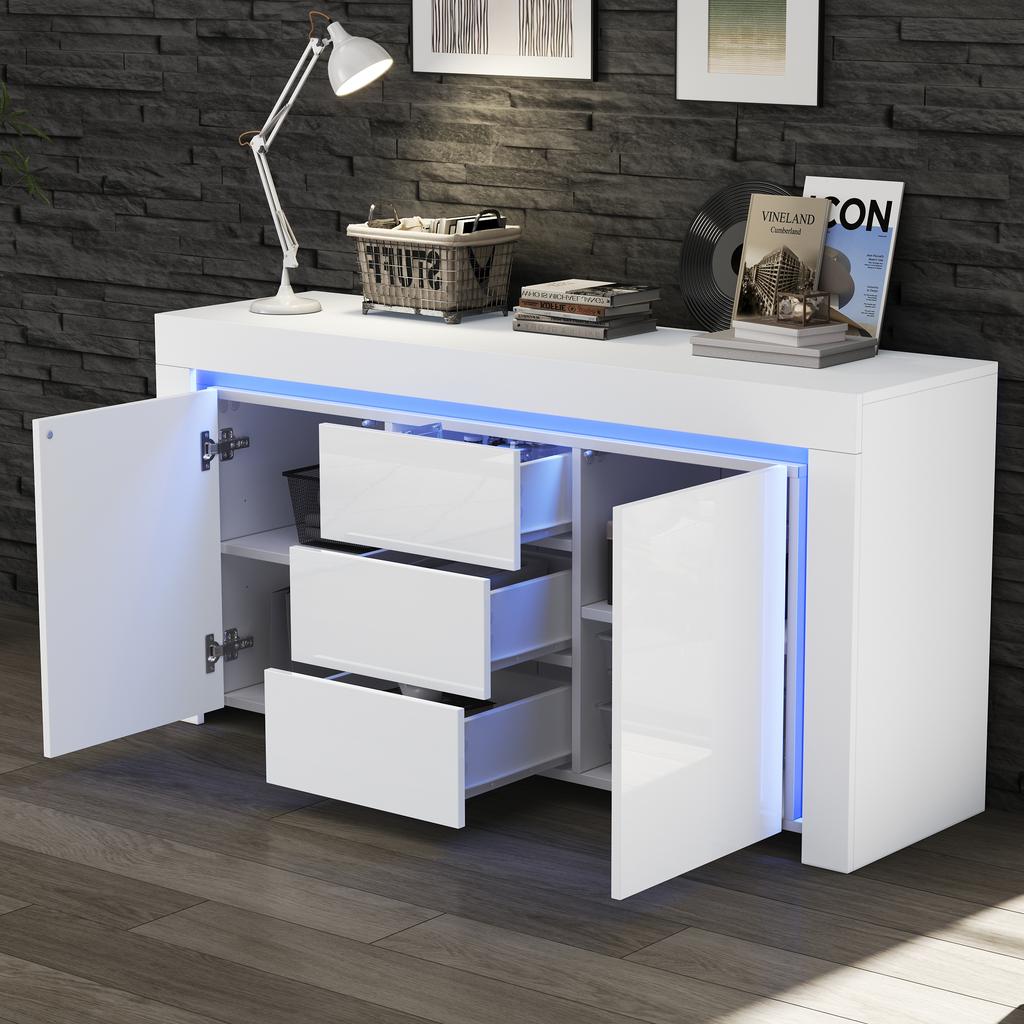 140*40*65cm Wohnzimmerschrank, Moderne Kommode mit 3 Schubladen, 2 Türen, Hochglanzschrank mit LED-Lichtleiste, Sideboard, Weiß