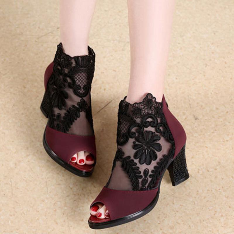 Fashion Sexy Women's High Heels Shoes Fashion Black Women Boots Lace Peep Toe Sandals Mesh Breathable Platform Shoes Female Plus Size 43