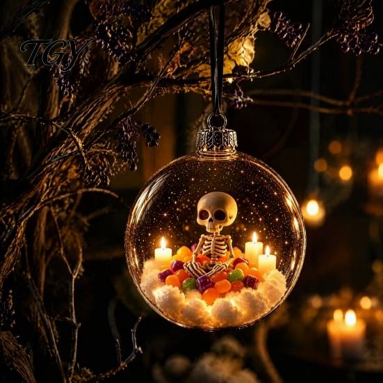 Spooky Pumpkin Ball Decor Halloween Clear Hanging Decoration, Glowing Sphere Ornament with Skeleton, Transparent Pumpkin, Spider Web, Black Cat Decor,