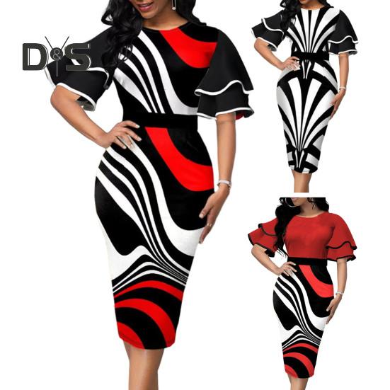 Women O Neck Layer Flared Sleeve Bodycon Dress Irregular Geometric Printing Hip Wrapped Office Lady Work Dress Workwear