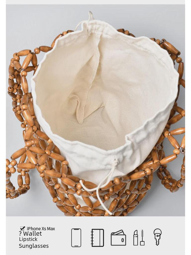 ENSPT Handwoven Wooden Bead Shoulder Bag - Women's Summer Niche Design