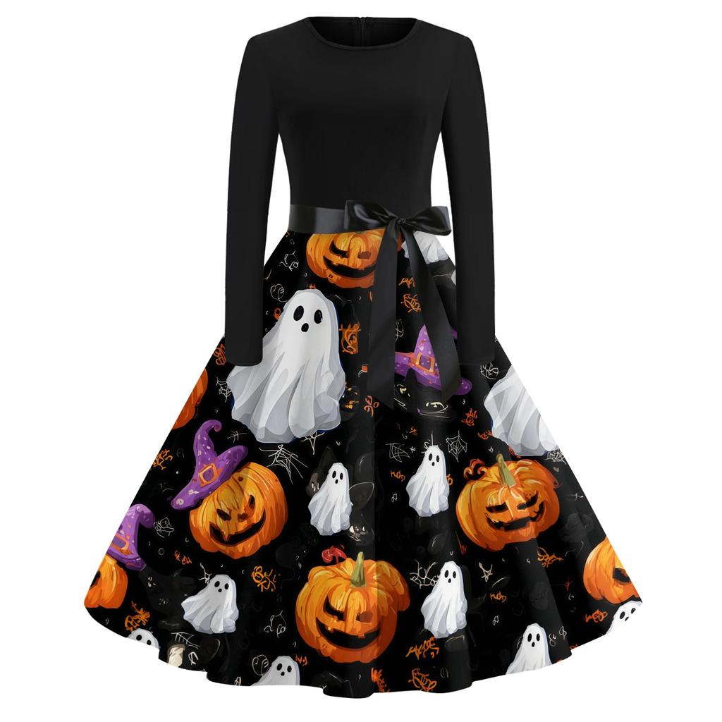 Women Casual Vintage Halloween Dress Long Sleeve Round Neck Fit and Flare Midi Dress with Halloween Tree and Ghost Print and Waist Tie