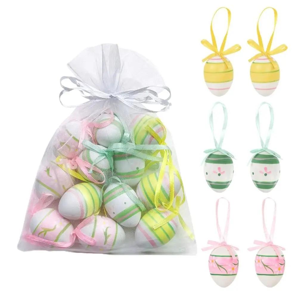 12PCS Plastic Easter Eggs Hanging Ornament Happy Easter Party Kids Gifts Home Decor Easter Tree Basket Colorful Eggs Decoration