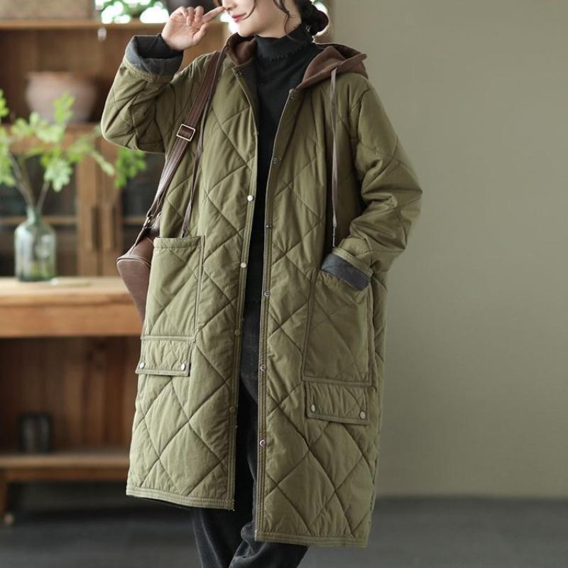 Toamnă Vintage Plus Size Palton rombic cu glugă Femei Iarnă Nouă Jachetă din bumbac Largi Casual Lungime mijlocie Jachete din bumbac căptușite în contrast de culoare