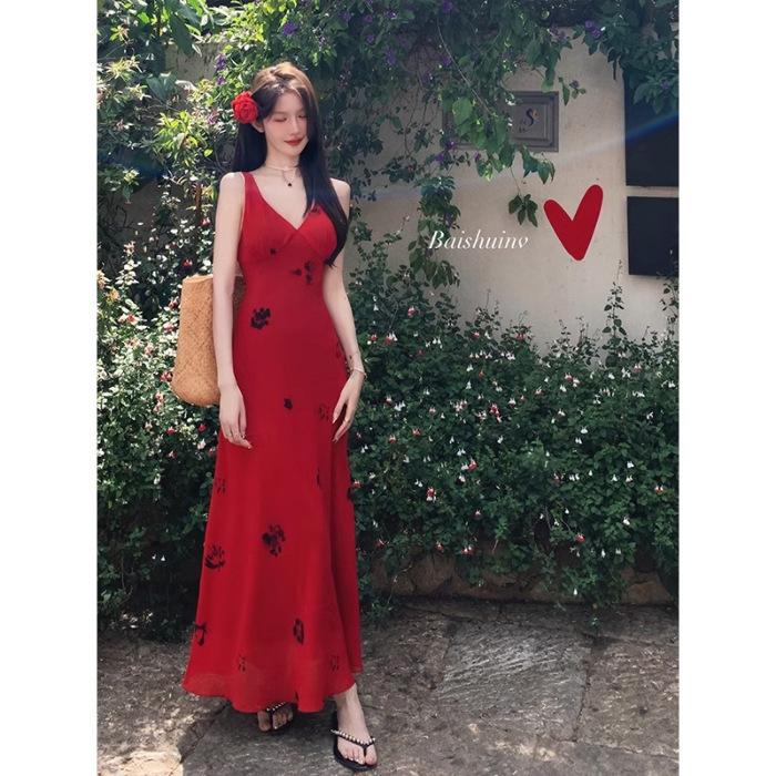 

Whitewater woman [real * red rose] V-neck suspender dress summer gentle vacation wind red slim skirt 2XL червоний
