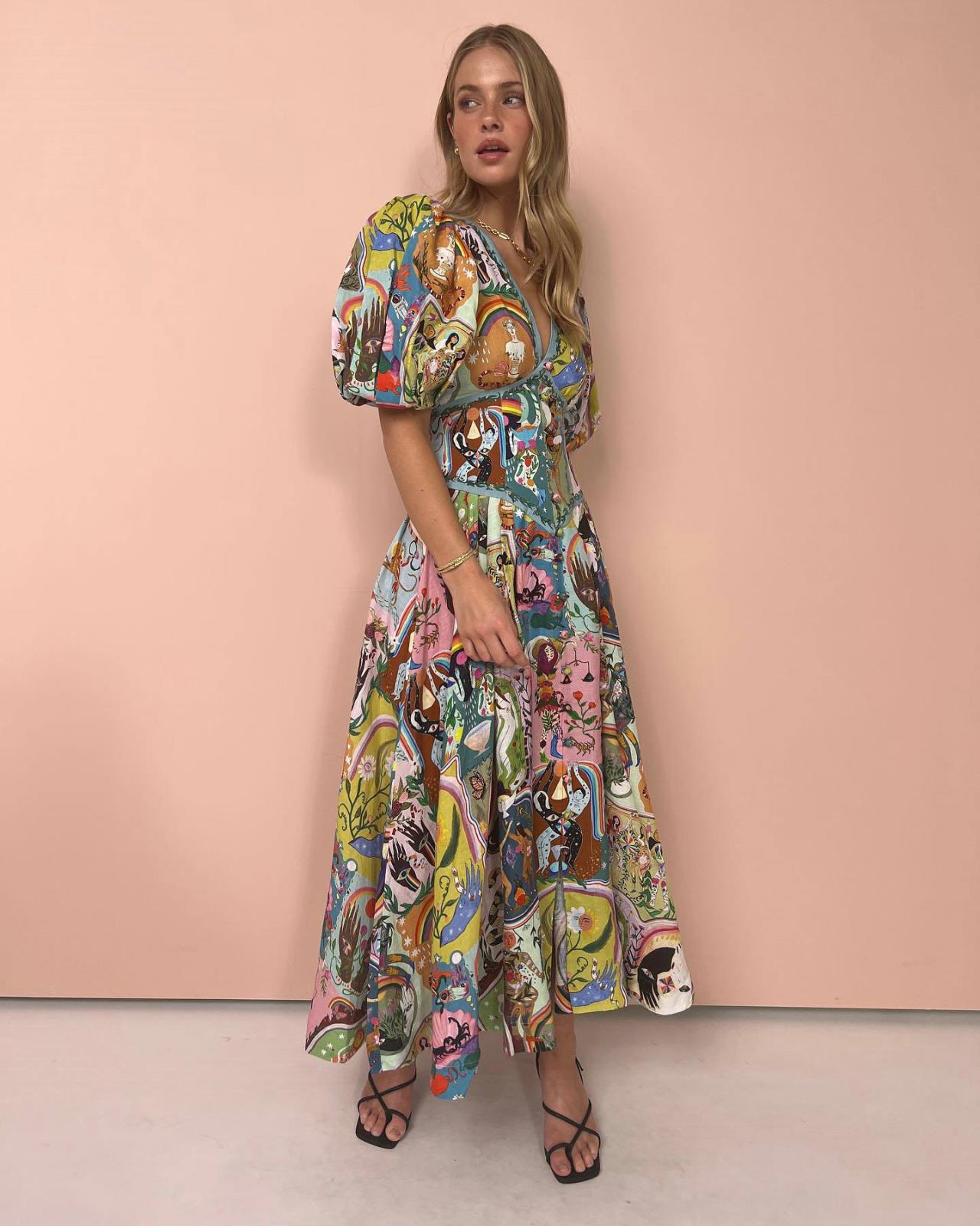 

2025 повседневный темперамент хлопок и лен позиционирование принт пуловер с коротким рукавом V-образный вырез маятниковое платье XL