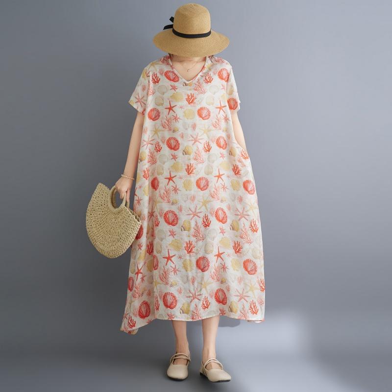 Abito estivo lungo e largo casual da donna, in cotone vintage, con maniche corte e taglie forti, floreale, nuovo di zecca.
