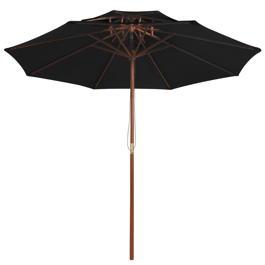 Double canopy wooden pole sun umbrella in black 270 cm