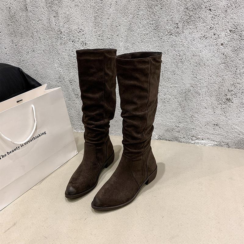 Western cowboy boots women's 2025 new spring and autumn thick heel stacking boots retro thick leg thin long knight boots