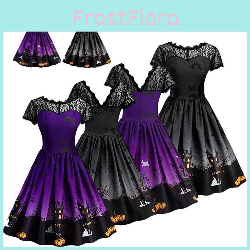 Charming Women Short Sleeve Halloween Retro Lace Vintage Dress Featuring A-line Pumpkin Design