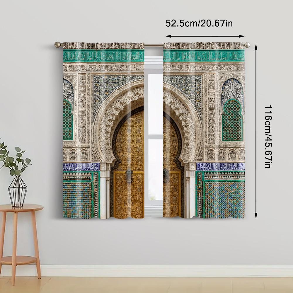 2pcs   Spring Summer Curtains Vintage Morocco Palace Door Print Semi-Sheer Curtains Durable 100% Polyester Fabric Decorations