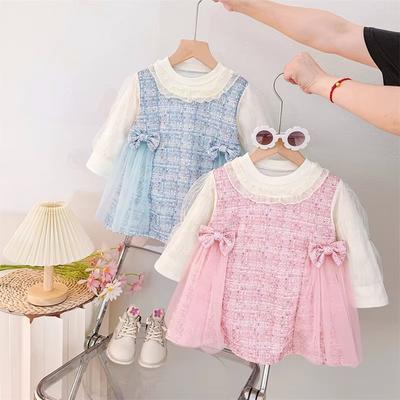 Babyflicka Prinsessklänning Koreansk Stil Rosett Långärmad Kläder Vår Och Höst Ny Barnfestdräkt 9 Månader -3 År