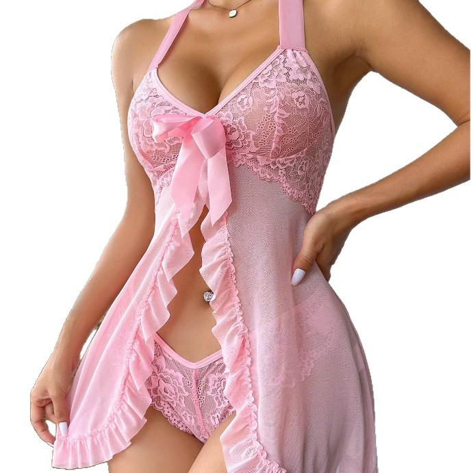 European & American Sexy Mesh Lace Halter Nightgown with Slits