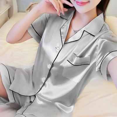 Damen Satin-Pyjama, Taschenrevers-Nachthemd, Pyjama-Nachtwäsche, kurzärmelige Loungewear