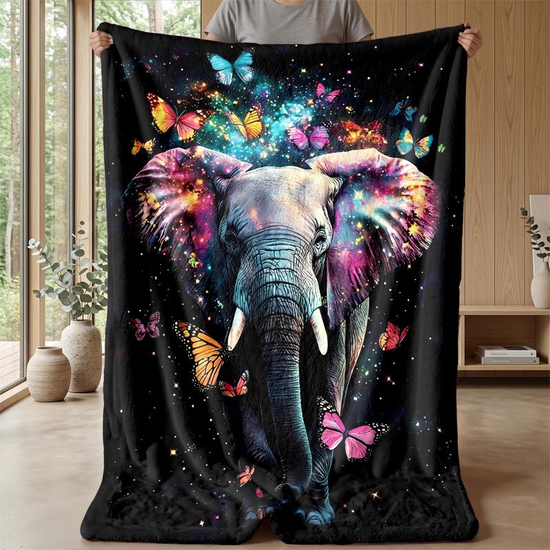 Elephant with Butterflies In Jungle Theme Blanket Lightweight Warm Flannel Blanket Decorative Throw Blanket for Home Decoration