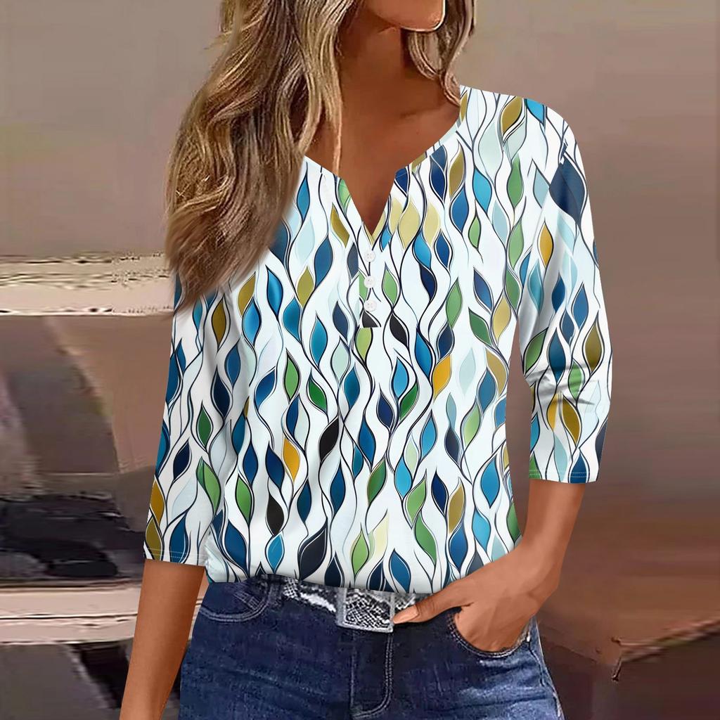 Damen T-Shirt mit Aufdruck, Knopfleiste, 3/4-Ärmel, für den Alltag, Wochenendmode, Basic, V-Ausschnitt, normales Oberteil