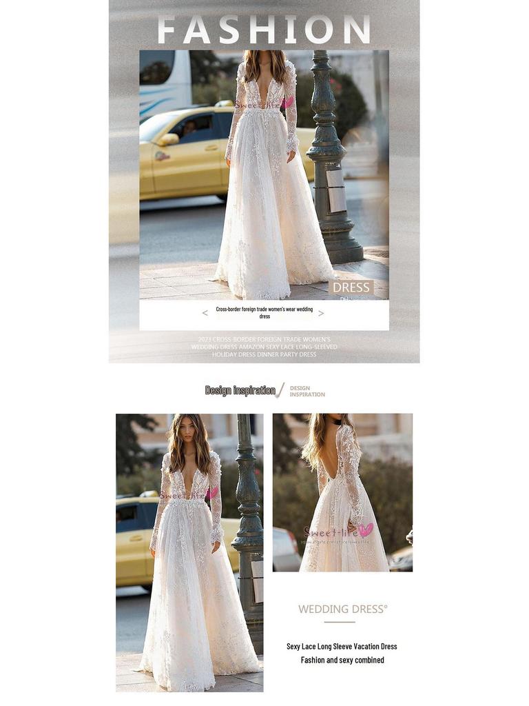 2025 Women's Sexy Lace Long Sleeve Evening Party & Wedding Dress