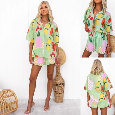 New Casual Women's Shorts Two-piece Set of Versatile Printed Cardigan Shirt