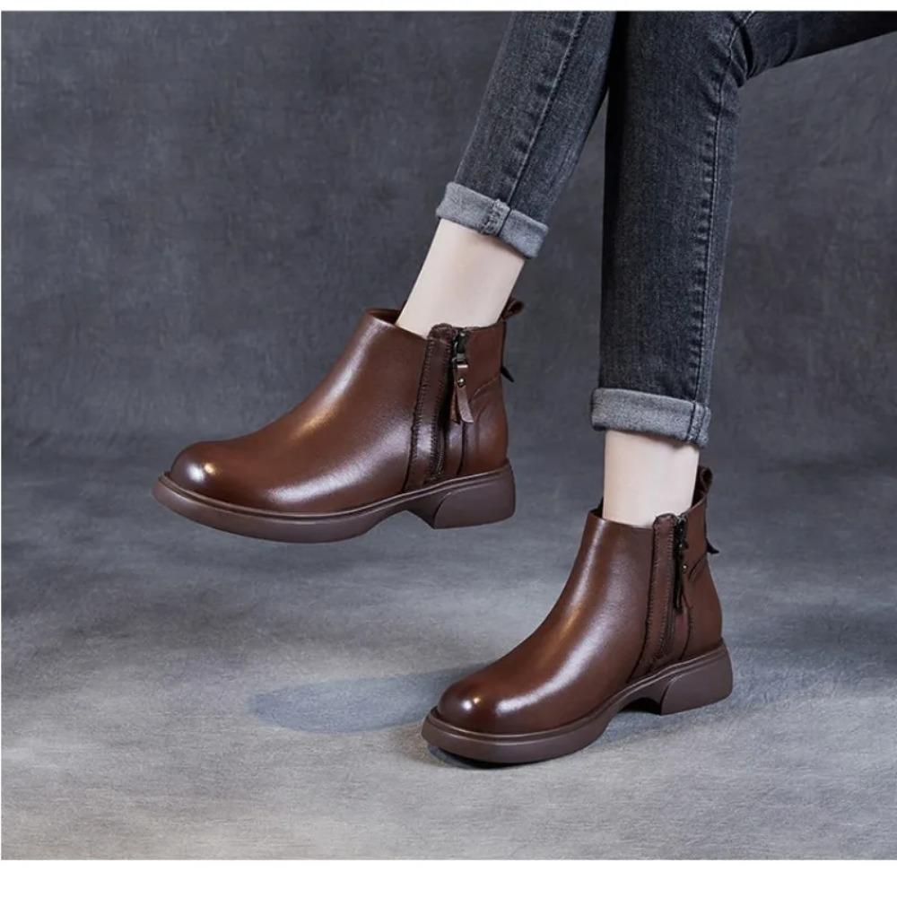 Autumn/Winter Genuine Leather Women's Boot Side Zipper Single Boot New Flat Bottom Short Boots Chelsea Womans Shoes