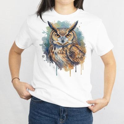 Aquarell Uhu T-Shirt | Tropffarbe Eulen T-Shirt, Eulenliebhaber Unisex T-Shirt