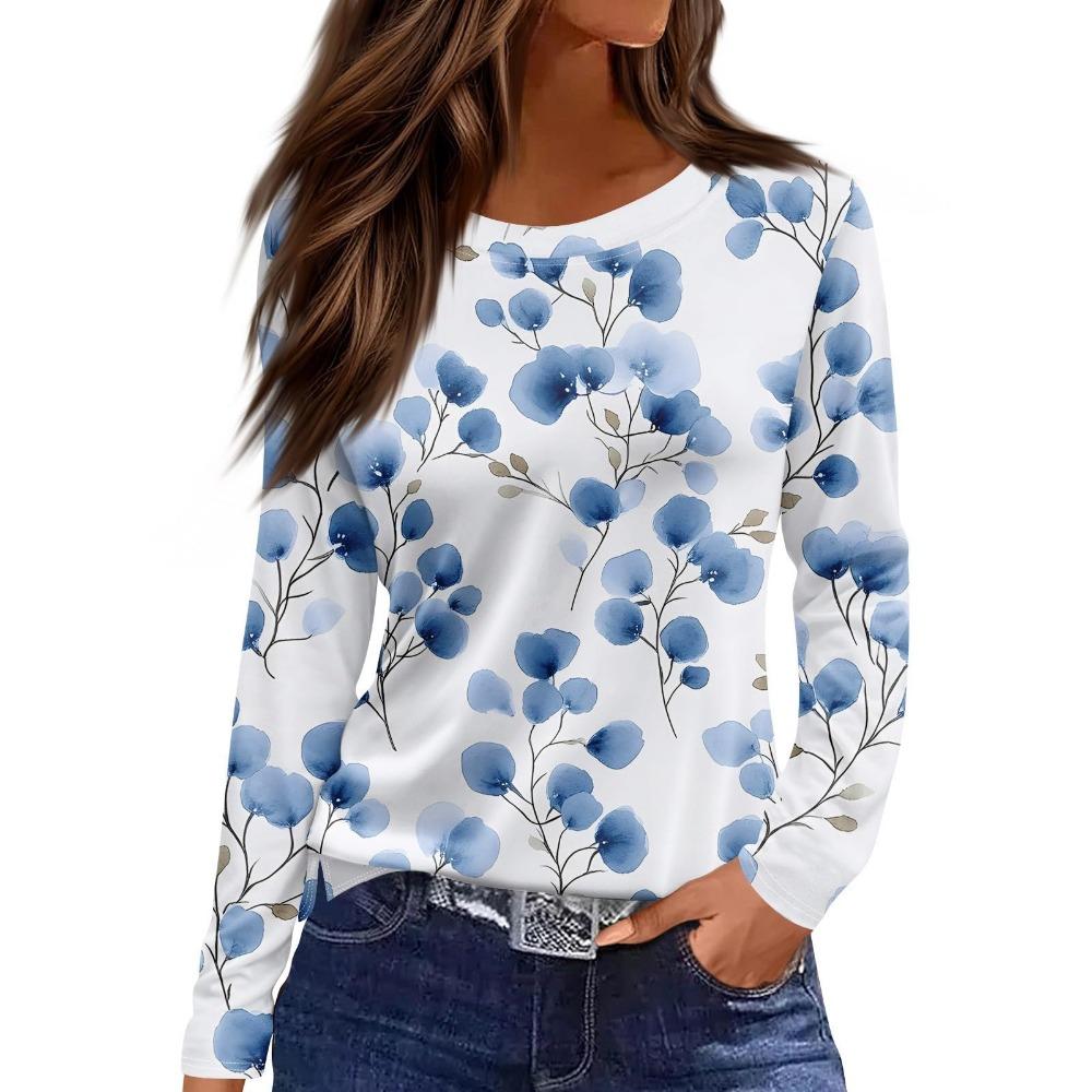 

Women s casual T-shirt 3D floral print round neck long sleeved shirt XL