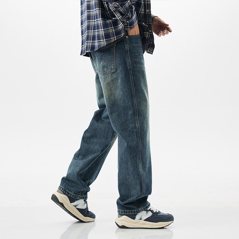Spring and Autumn New American Retro Washed Jeans Men's Loose Straight-Line Trousers