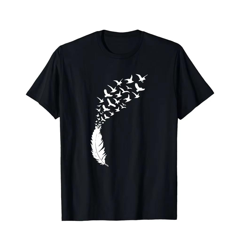 Black Feather Themed Graphic TShirt Unique Feather Heart  Feather Flying Birds Artistic Design Top with Two Styles Available