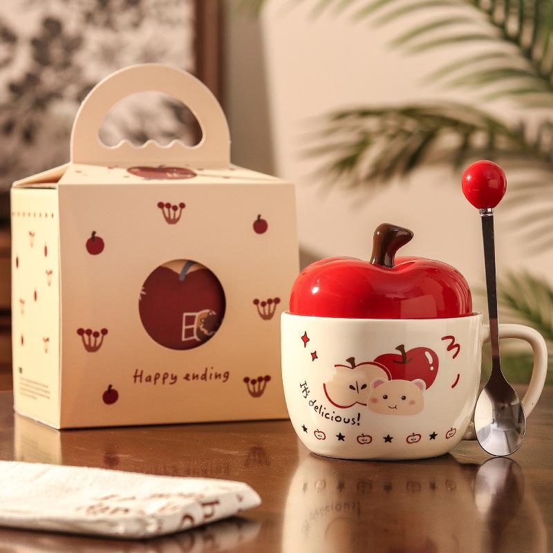 High-value apple mug, cute bear ceramic water cup with lid, birthday gift for girls, girlfriend's souvenir