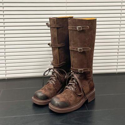 Cowhide Version~ Retro Leather Inner Height Increase 7cm Boots Fashion Boots Women's Old Knight Boots Belt Buckle Long Boots
