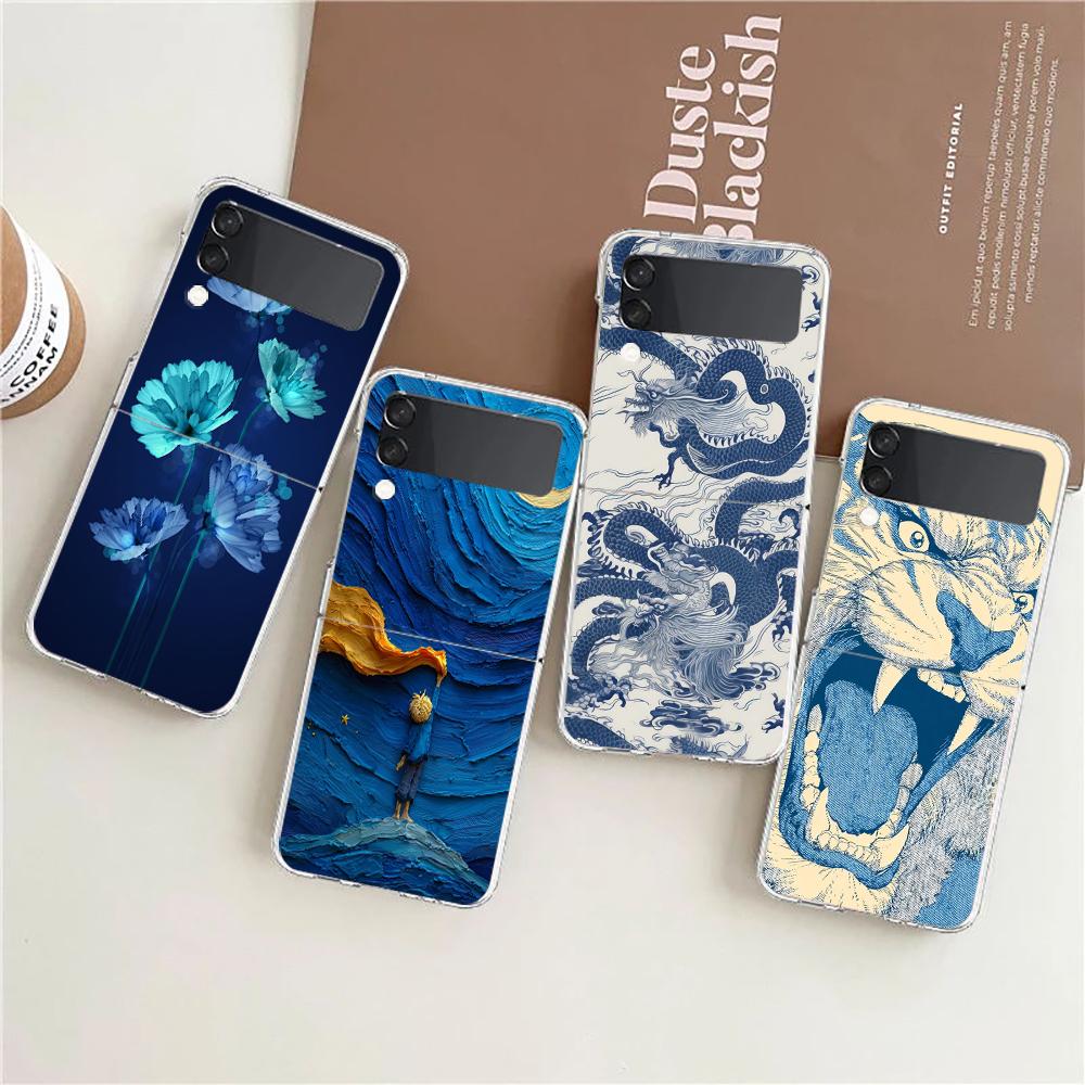 Transparent Phone Case For Samsung Galaxy Z Flip 3 4 5 6 7 Hard Folding PC Z Flip3 Flip4 Cover Cute Blue Pattern