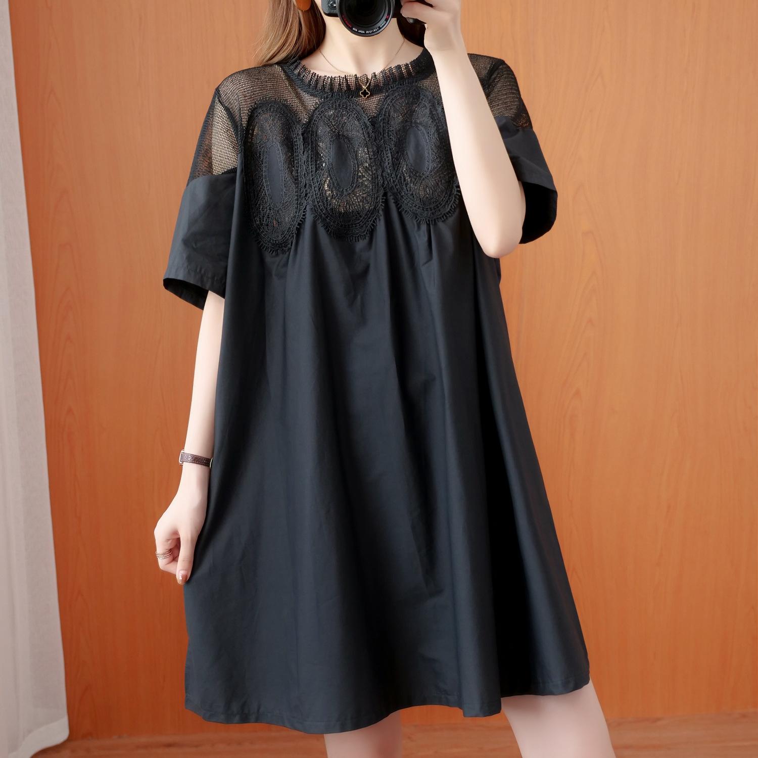 

Western Style Plus Size Women s Summer Dress Fat Sister Lace Mesh Stitching Short Sleeves XS