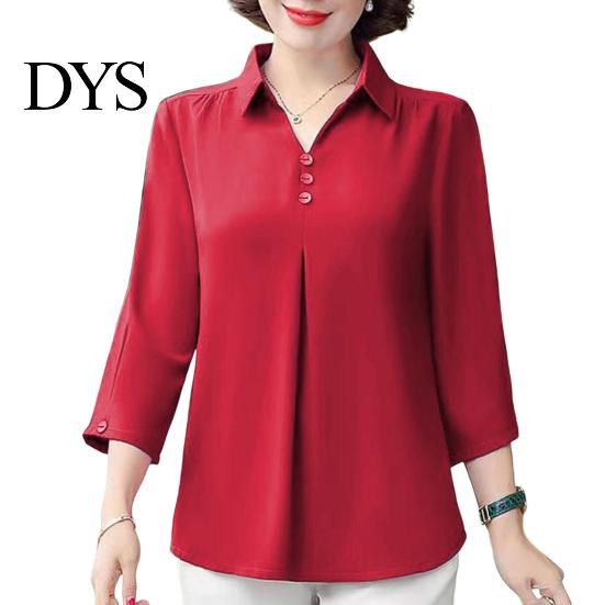 Turn-down Collar Mother Summer Top Buttons Solid Color Three-quarter Sleeves Pullover Match Pants Mid-aged Casual Plus Size Mom Spring T-shirt Women