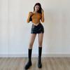 V-shaped Design Exposed Navel PU Leather Skirt Women Sexy Package Hip Side Slit Shorts Skirts Harajuku Streetwear Female Bottoms