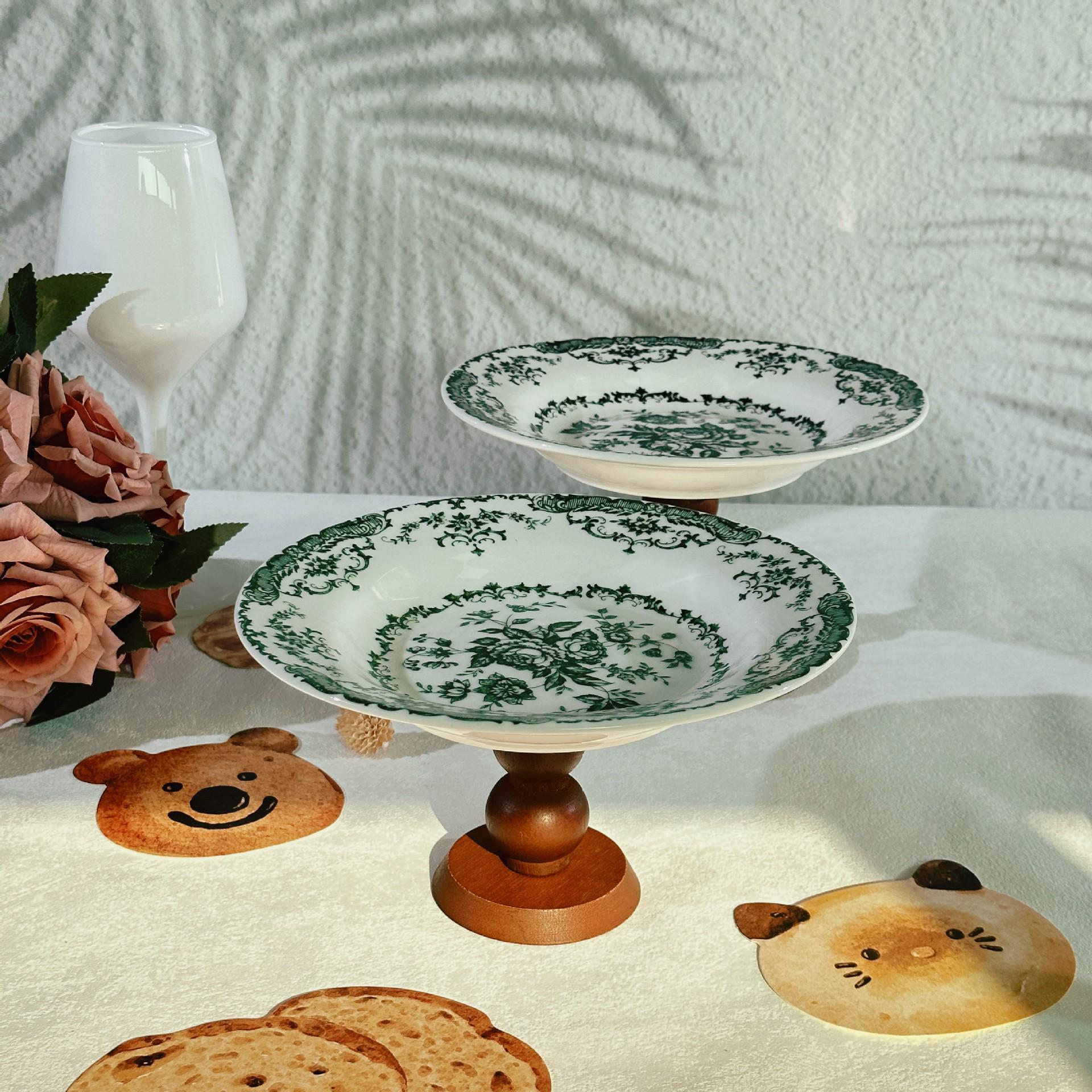 

Vintage French Rose Ceramic High-Footed Dessert Plate & Wooden Aromatherapy Storage Tray 8-inch Deep Plate with Stand (20*11cm) червоний