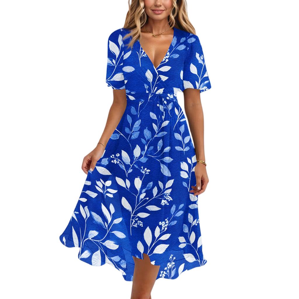 Women's Casual V Neck Short Sleeve Floral Print Dress Lightweight Summer Midi Dress with Elastic Waist and Flared Skirt for Daily Wear