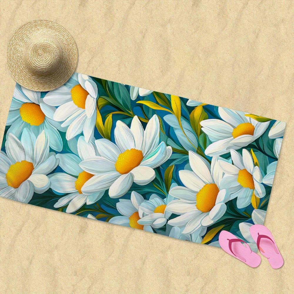 1 Oversized Beach Towel - Modern Floral Pattern, White Daisies With Yellow Heart, Perfect For The Beach, Pool, Travel