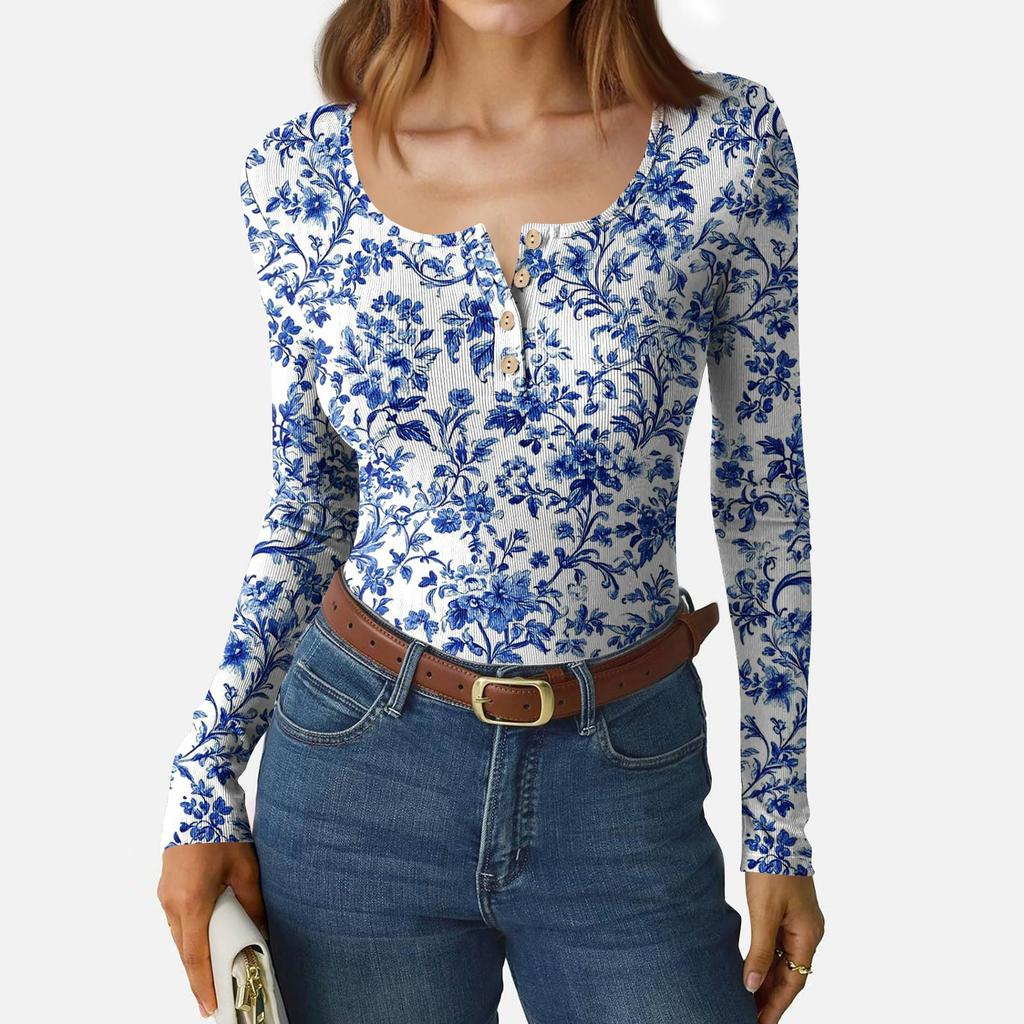 Camiseta de Fondo Delgado para Mujer Moda Casual Estampado Degradado Cuello Redondo Jersey Manga Larga Top