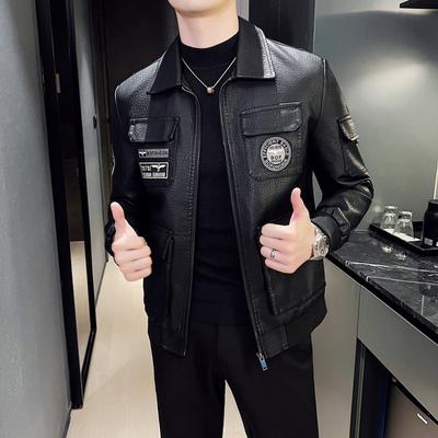 Pánská motocyklová kožená bunda Sametová zateplená podzimní a zimní oděv Korejský styl Trendy vyšívaná klopa Kožená bunda Slim kabát